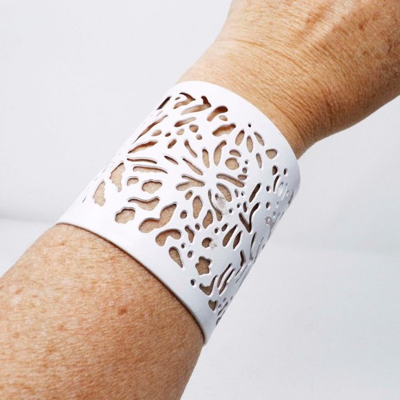 Floral Cutout Cuff Metal Bracelets White Silver - Picture 6 of 9